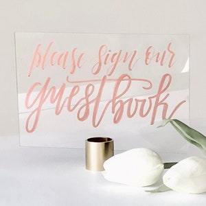 5 x 7“ acrylic, guestbook sign with white painted background and rose gold lettering