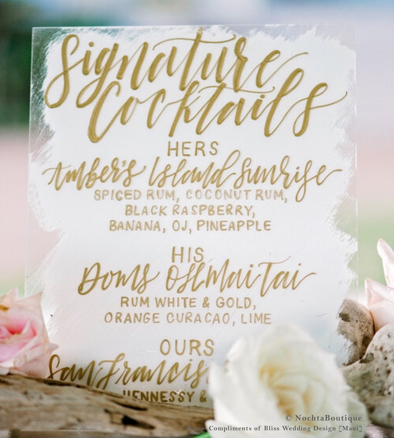 Wedding Signature Cocktails Sign, Acrylic Signs, Wedding Open Bar Menu, Clear Wedding Signs, Personalized His Hers Drinks Sign Weddings image 2