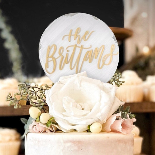 Custom Acrylic Cake Topper, 5” Round, Wedding, Birthday, Engagement, Baby Shower, Hand Lettered, Clear Cake Topper, Painted Cake Decor