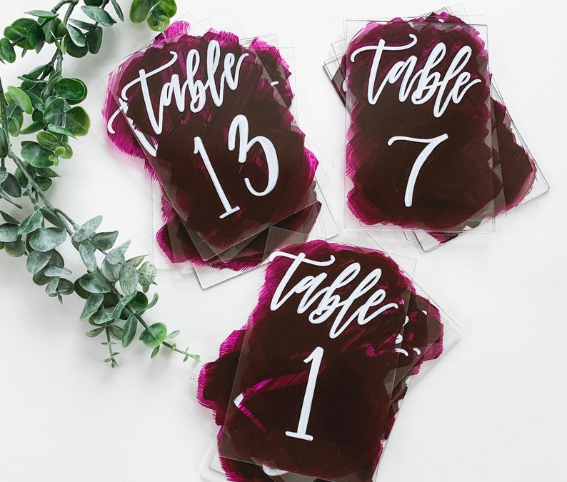 4 x 6“ Acrylic Wedding table numbers With plum purple painted background and white calligraphy lettering