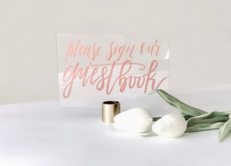 5 x 7“ acrylic, guestbook sign with white painted background and rose gold lettering