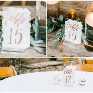 4 x 6“ acrylic wedding table numbers with rose, gold calligraphy lettering and white painted background