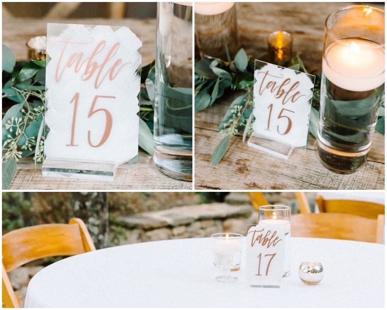 4 x 6“ acrylic wedding table numbers with rose, gold calligraphy lettering and white painted background