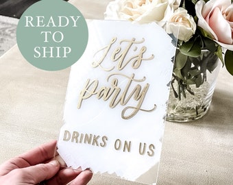 CLEARANCE, Open Bar Wedding Sign, Wedding Drinks Signs, Let’s Party, Wedding Calligraphy, White Gold Decor