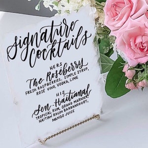 Wedding Signature Cocktails Sign, Acrylic Signs, Wedding Open Bar Menu, Clear Wedding Signs, Personalized His Hers Drinks Sign Weddings image 1