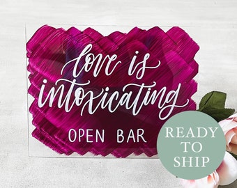 CLEARANCE | Open Bar Wedding Sign | Love Is Intoxicating Drinks Signs | Wedding Calligraphy | Burgundy Red & White Signage | 8x10in.