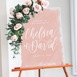 18x24 inch acrylic wedding sign with coral painted background and white lettering