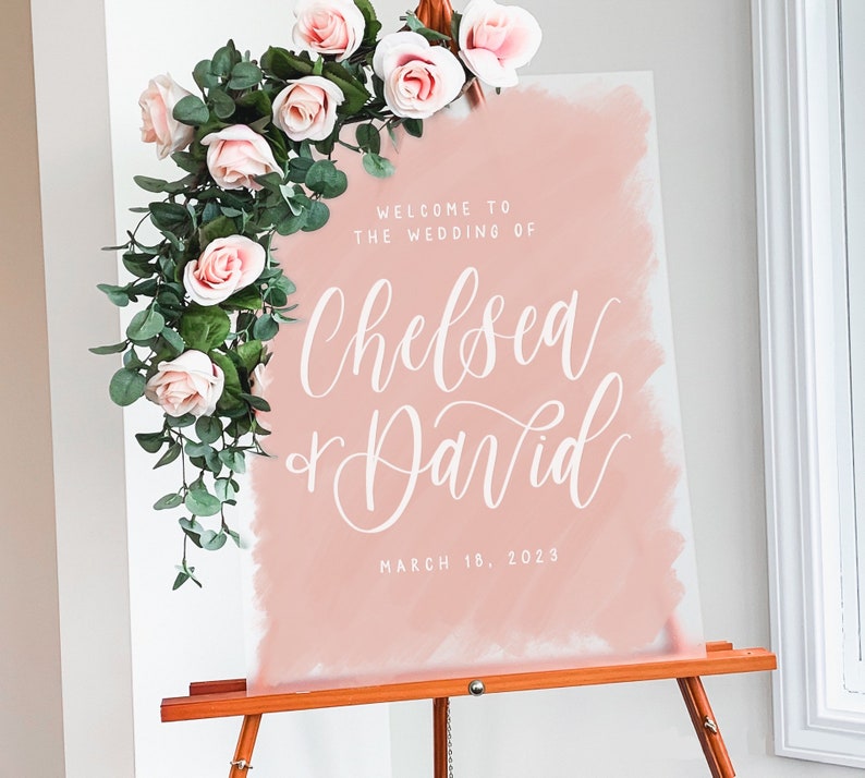 18x24 inch acrylic wedding sign with coral painted background and white lettering