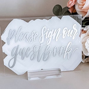 5 x 7“ acrylic, guestbook sign with white painted background and silver lettering