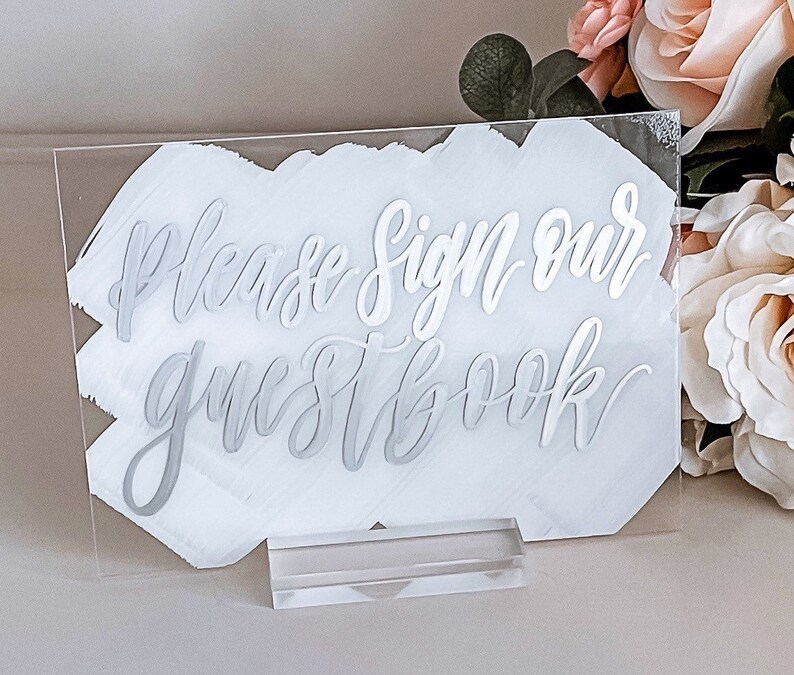 5 x 7“ acrylic, guestbook sign with white painted background and silver lettering
