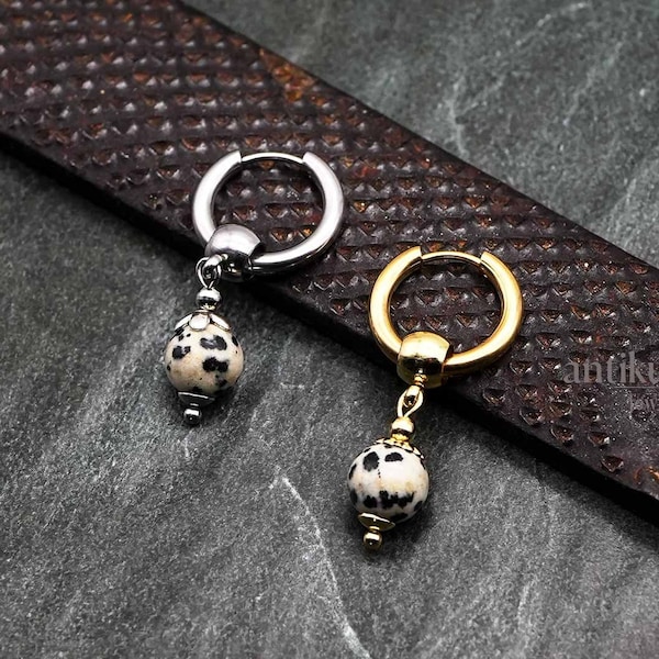 SPOTTED, Jasper gemstone earring, gold or silver, unique mono single earring, unisex dangle earring, mens earring, stainless steel, fss