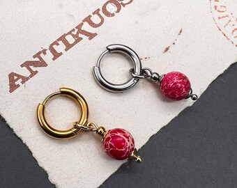 Pink Jasper dangle single earring • Gold or silver gemstone hoop • Colorful playful Dangle hoop • Earring for men and women