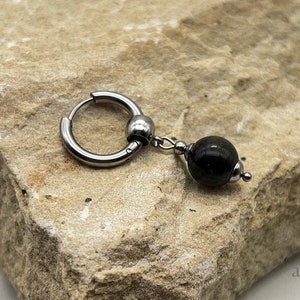 SIMPLE BLACK OBSIDIAN gemstone earring, single earring ,simple dainty unisex dangle earring, earring for men, stainless hoop, dangle, fss Single SILVER