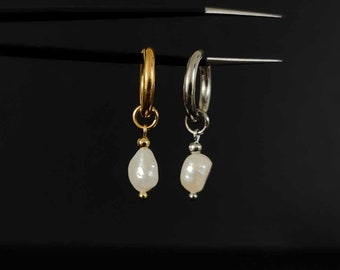 SIMPLE PEARL, white baroque pearl, gold or silver, unique single earring, unisex dangle earring, mens earring, stainless steel, dainty, fss