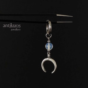 OPALITE MOON in silver, mono earring, stainless steel hoop earring, mens dangle earring, modern mens earring, gift her or him, luck,