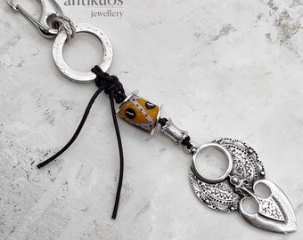 SUN KING amulet- talisman- keyring- pendant, leather glass and mixed metals, unique handmade gift idea for him or her,