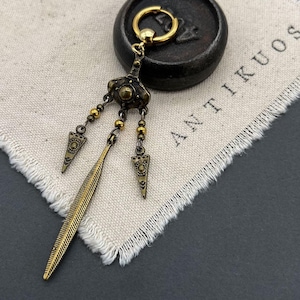 BRONZE AGE.  Mixed metal long tribal dangle unisex earring. Dangle hoop single or pair earring. Alternative beach Ibiza style earring. Gift