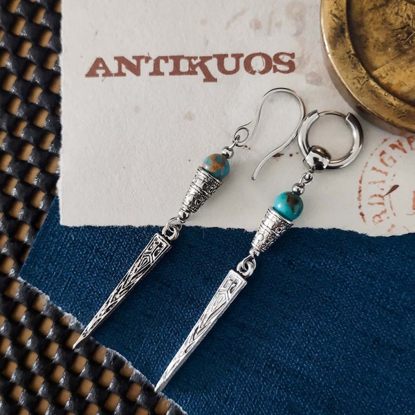 AVALON, mono single earring, turquoise spike medieval earring, dangle earring, mens alternative earring, earring for men,  steel hook