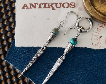 AVALON, mono single earring, turquoise spike medieval earring, dangle earring, mens alternative earring, earring for men,  steel hook