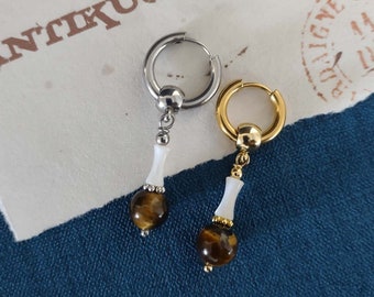 WRECKING BALL, Tigers eye mother of pearl  alternative mono earring, pirate single earring, unisex earring, earring for men, dangle goth
