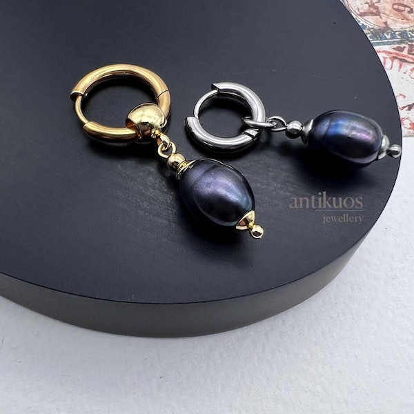 LARGE BLACK PEARL, baroque pearl, gold or silver, unique mono single earring, unisex dangle earring, mens earring, stainless steel,  fss