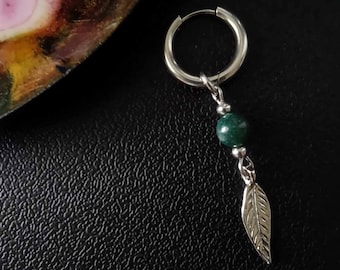 GREEN AGATE LEAF, unique single earring, unisex green  dangle mono earring, mens earring, earring for men, stainless hoop,