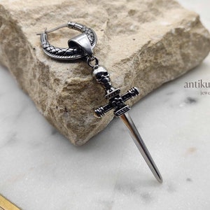 CAMELOT, unique long stainless steel earring hoop, single earring, unisex minimalist hoop, mens earring, earring for men, goth, punk,  fss