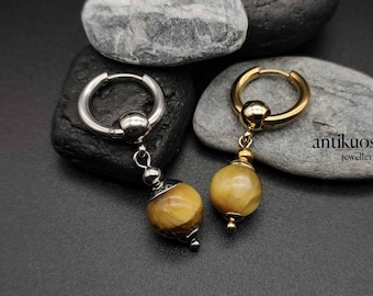 SIMPLE TIGERS EYE gemstone earring, single earring ,simple dainty unisex dangle earring, earring for men, stainless hoop, dangle, fss