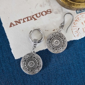 MANDALA, mono single earring, unisex tribal silver colour dangle earring, mens earring, earring for men or women, stainless steel hook