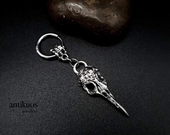 GOTHIC RAVEN, bird skull earring, alternative modern single mono earring, unisex silver colour dangle earring,earring for men,stainless hoop