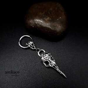 GOTHIC RAVEN, bird skull earring, alternative modern single mono earring, unisex silver colour dangle earring,earring for men,stainless hoop