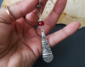 Tribal pendant and Carnelian gemstone single earring, unisex tribal silver colour dangle mono earring for men and woman,stainless steel