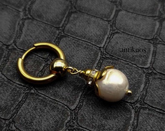 BLING BLING, Keshi pearl earring, unique special mono single earring, unisex dangle earring, mens earring, stainless steel, elegant, fss