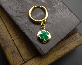 FOUR LEAF CLOVER, green enamel gold plated earring, stainless steel hoop earring, mens dangle earring, minimal mens earring, gift her or him