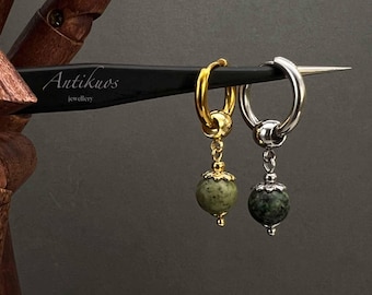 Men’s earrings, SIMPLE GREEN, Stainless steel  & JASPER gemstone: Unisex mono dangle earring.