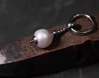 Large Edison pearl, unique special mono single earring, unisex dangle earring, mens earring, stainless steel, elegant stainless steel, fss