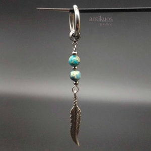 BLUE feather earring, JASPER tribal mono earring, single earring or pair, mens earring, long earring, feather boho earring, dangle earring image 4