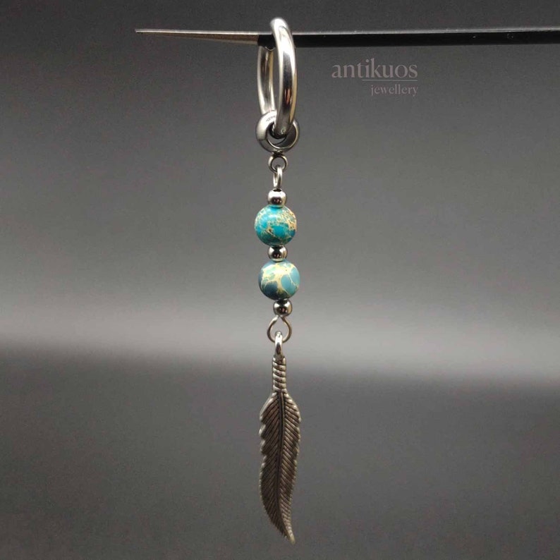 BLUE feather earring, JASPER tribal mono earring, single earring or pair, mens earring, long earring, feather boho earring, dangle earring image 4