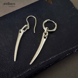 TIGER TOOTH , Long spike hoop earring, single earring, alternative mono earring, mens earring, earring for men, stainless hoop, punk, biker