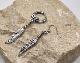Silver Feather Earring, Single Earring, Choose Closure, Mens