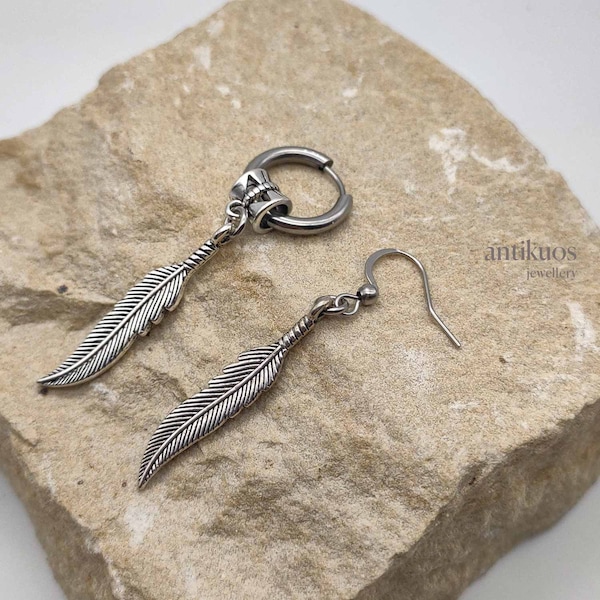 Silver feather earring, single earring, choose closure, mens earring, earring for men, feather boho earring, earring women, dangle earring