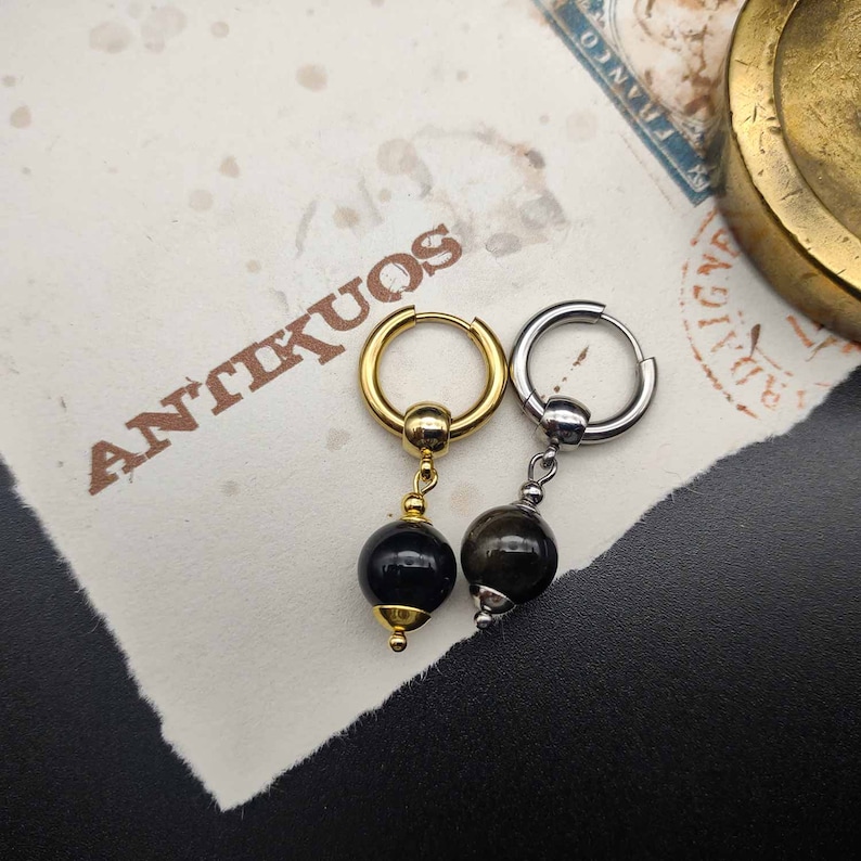 SIMPLE BLACK OBSIDIAN gemstone earring, single earring ,simple dainty unisex dangle earring, earring for men, stainless hoop, dangle, fss ONE OF EACH