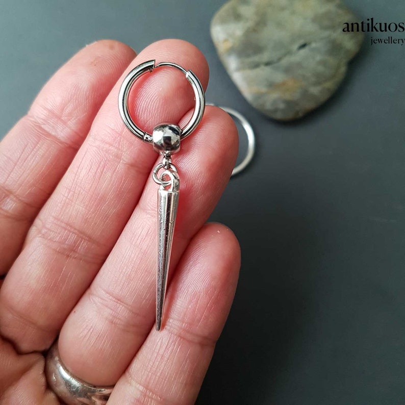 Long spike hoop earring, single earring, simple unisex silver colour dangle earring, mens mono earring, earring for men, stainless hoop image 4