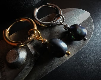 BLACK PEARL, baroque pearl, gold or silver, unique mono single earring, unisex dangle earring, mens earring, stainless steel, dainty, fss