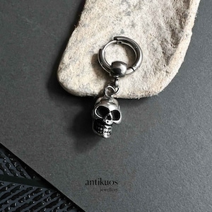 SKULL HOOP dangle earring, stainless steel unique single earring, unisex tribal silver dangle earring, mens earring, gift dad boyfriend