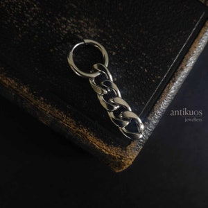 CUBAN CHAIN HOOP, stainless steel single earring, unisex goth punk earring, silver  dangle earring, mens earring, earring for men women, fss