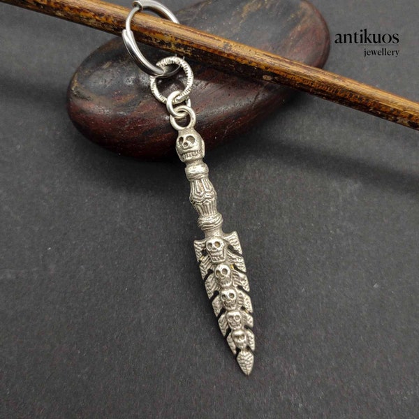 Skull spear, large charm tribal mens earring, MIQUIZTLI, dangle hoop earring, single earring, alternative, mens earring, earring for men,