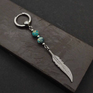 BLUE feather earring, JASPER tribal mono earring, single earring or pair, mens earring, long earring, feather boho earring, dangle earring