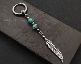 BLUE feather earring, JASPER tribal mono earring, single earring or pair, mens earring, long earring, feather boho earring, dangle earring