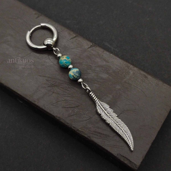 Boucle d'oreille plume BLEUE, mono boucle d'oreille tribal JASPER, boucle d'oreille simple ou paire, boucle d'oreille pour homme, boucle d'oreille longue, boucle d'oreille boho plume, boucle d'oreille pendante